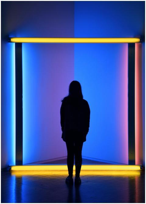 A woman stands silhouetted against vibrant neon li