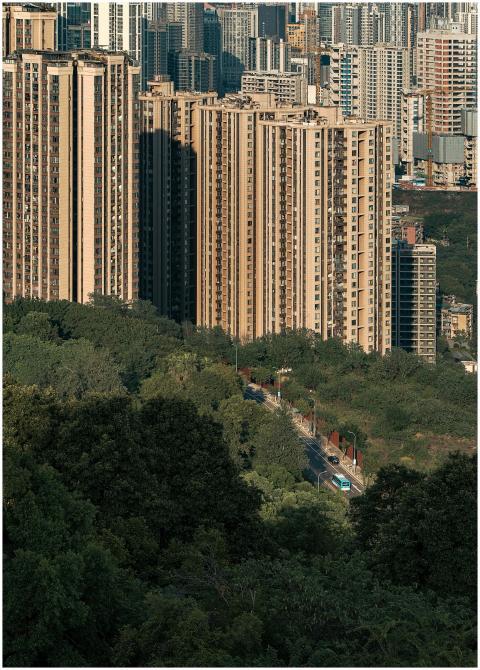 High-rise buildings tower over lush green landscap