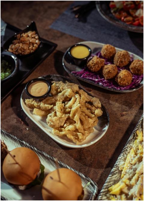 A delicious assortment of fried snacks and burgers