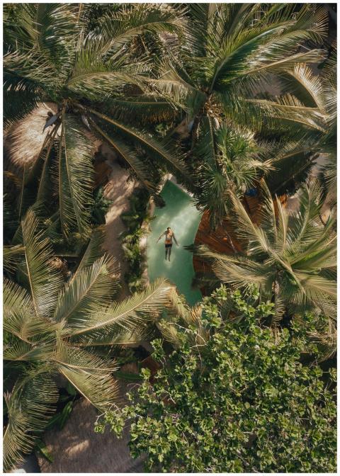 Aerial shot of a person swimming in a tropical poo