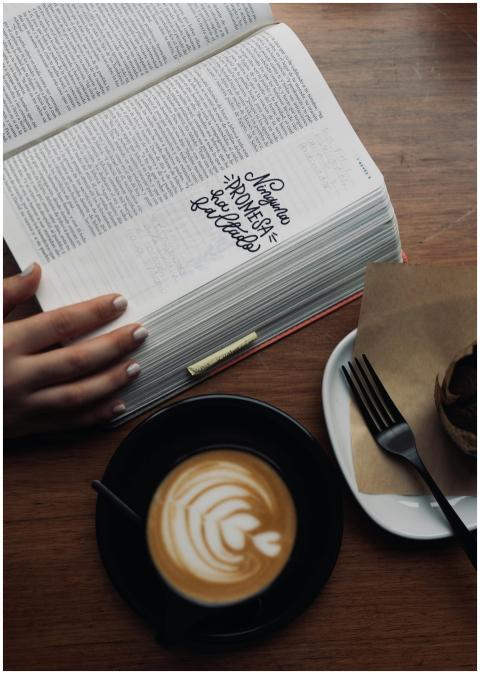 Enjoying a cappuccino and reading a book with latt