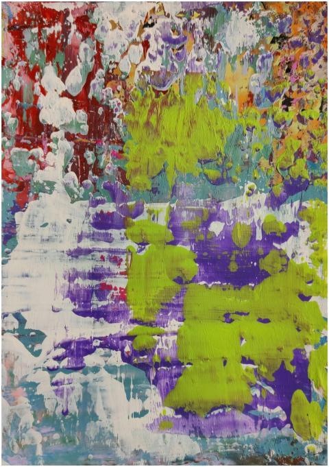 A lively abstract painting featuring vibrant color
