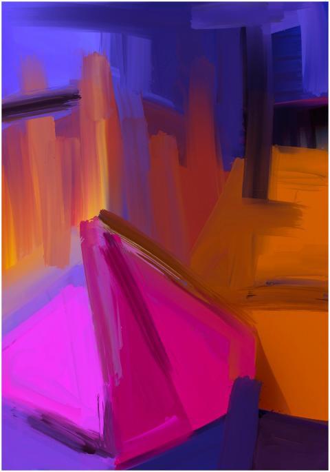 Dynamic abstract painting with bold colors and geo