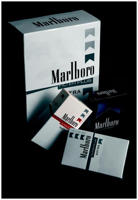Collection of Marlboro cigarette packs displayed o