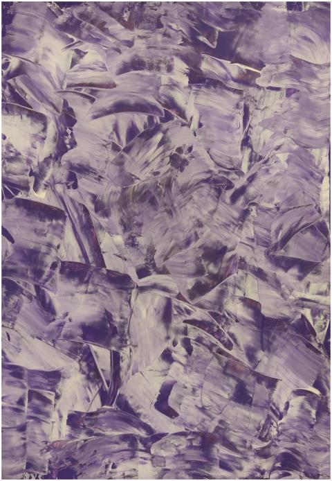 Abstract painting with purple brush strokes on can