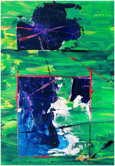 Energetic abstract painting with vivid greens, blu