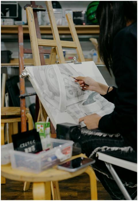 An artist sketching at an easel in a Tokyo art stu