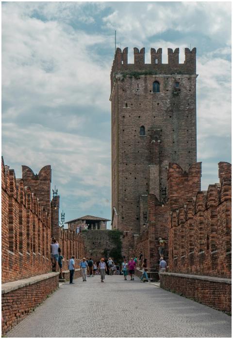 View of Ponte Scaligero with tourists in Verona, I