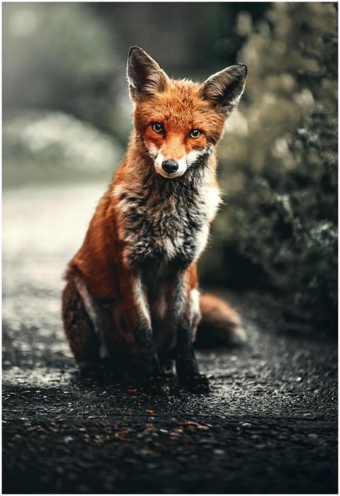 A close-up shot of a red fox sitting in its natura