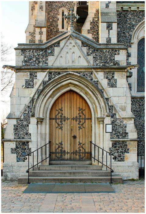 Elegant wooden door at St. Alban's Church displayi