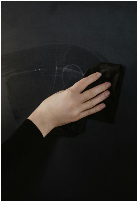 A hand using a cloth to erase chalk marks on a cha