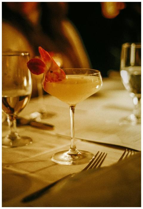 Sophisticated cocktail garnished with a flower on