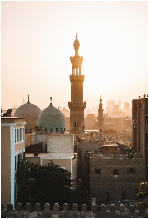 A stunning view of mosque minarets at sunset in Ca
