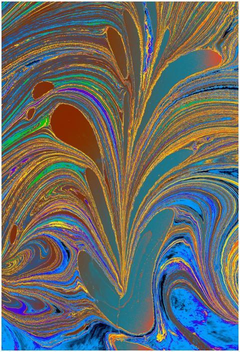 Abstract art piece featuring bold, colorful swirls