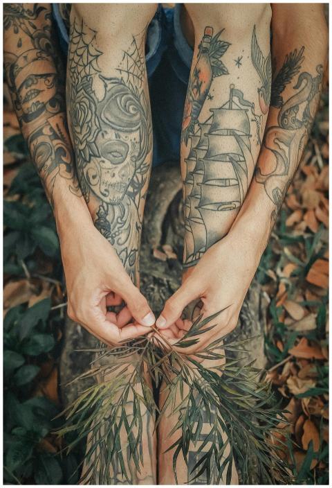 Detailed tattoos on legs and hands holding leaves