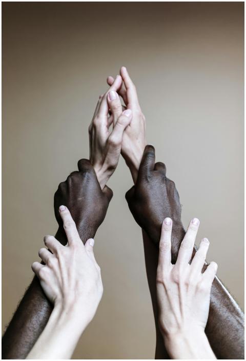 Multiple hands of different ethnicities reaching u