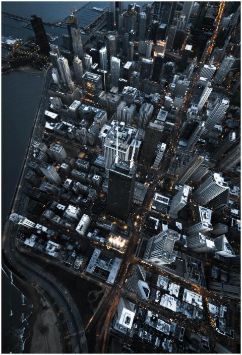 Dramatic aerial view of Chicago's illuminated skyl