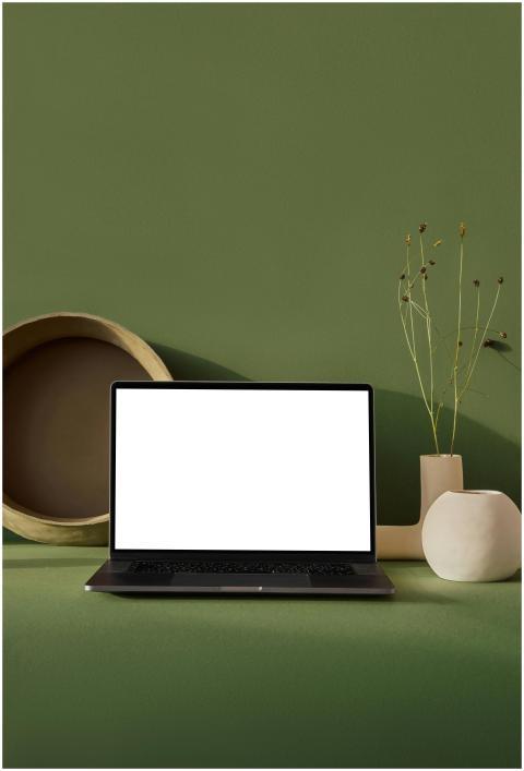 A modern workspace featuring a laptop with a blank