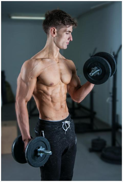 Muscular young man lifting dumbbells in a gym, sho