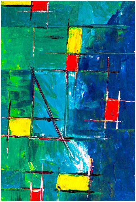 Colorful abstract geometric artwork featuring bold