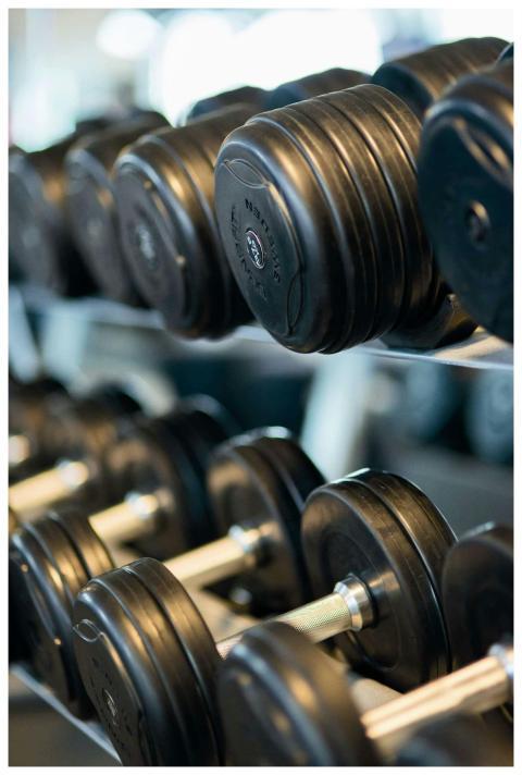 Close-up view of black dumbbells neatly arranged o
