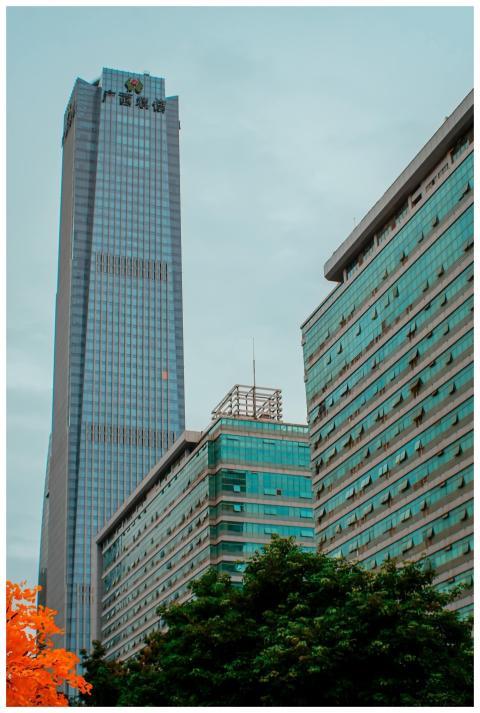 Cityscape with modern high-rise buildings under cl