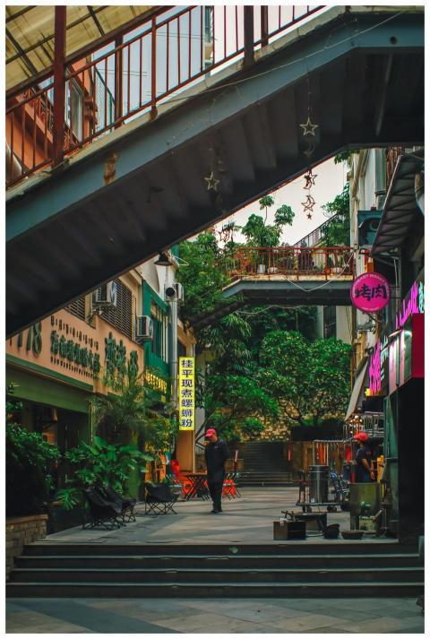 A vibrant city alley with plants and shops under a