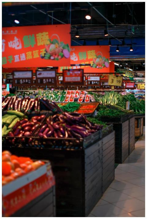Colorful fresh produce aisle in an Asian supermark