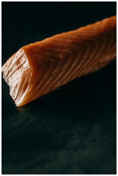 A detailed close-up of fresh salmon fillet showcas