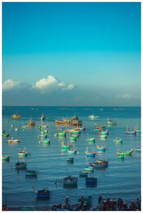 A scenic view of colorful fishing boats floating o