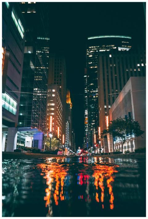 Dynamic view of illuminated skyscrapers in Houston