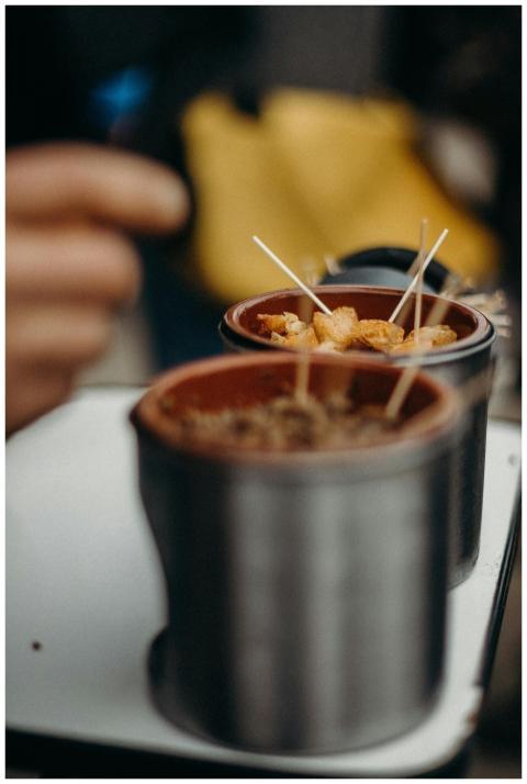 Close-up shot of Korean street food served in smal