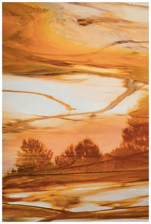 Orange and marbled abstract landscape art with tre