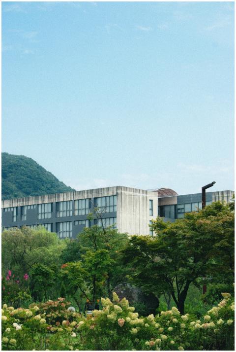 A modern architectural building surrounded by a lu