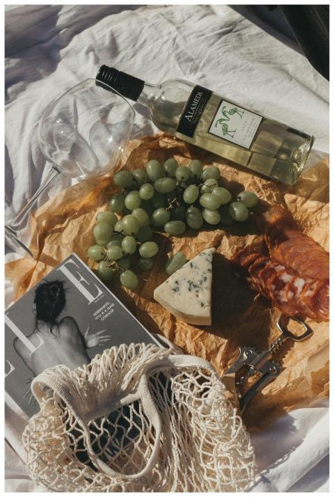 Aerial view of a chic picnic setup with wine, chee