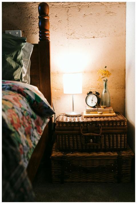 Warm and inviting bedroom with cozy wicker baskets