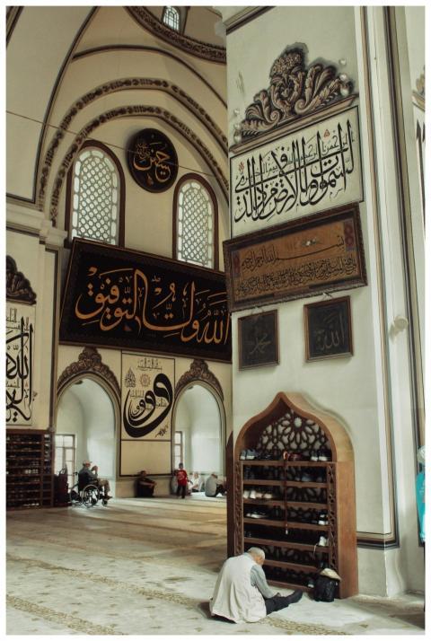 A serene view of Ulu Camii Mosque's interior in Bu