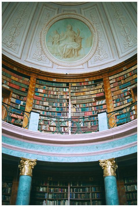 Low angle of assorted literature on bookshelves in