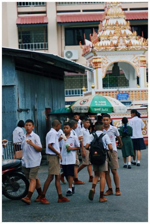 Group Schoolchildren Outside Asian