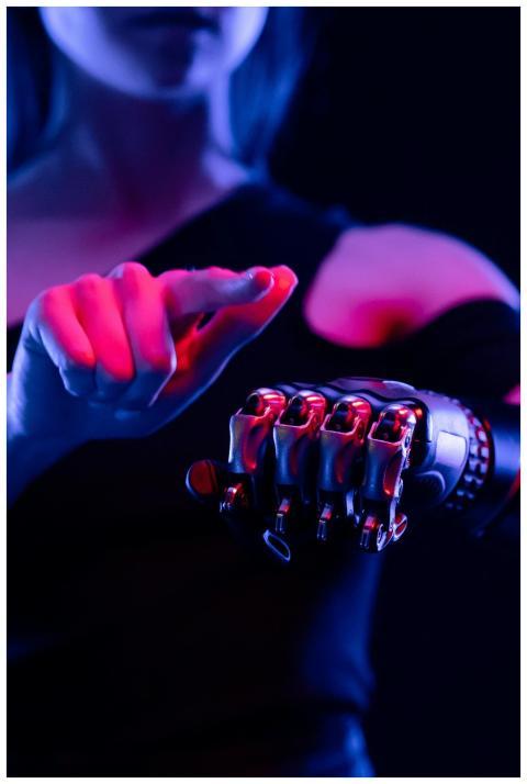 Close-up of a woman using a high-tech prosthetic a