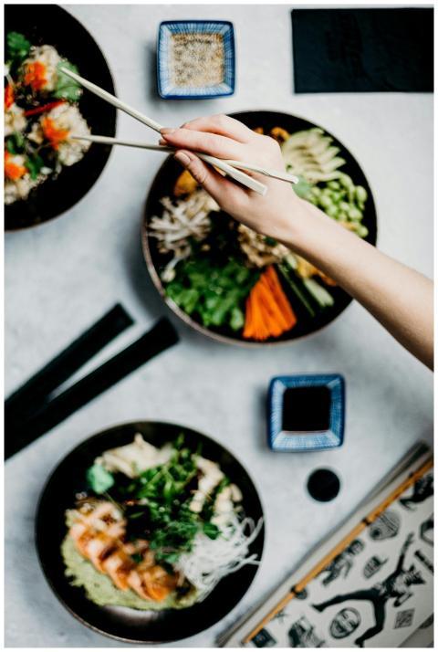 Top view of a variety of Asian dishes including su