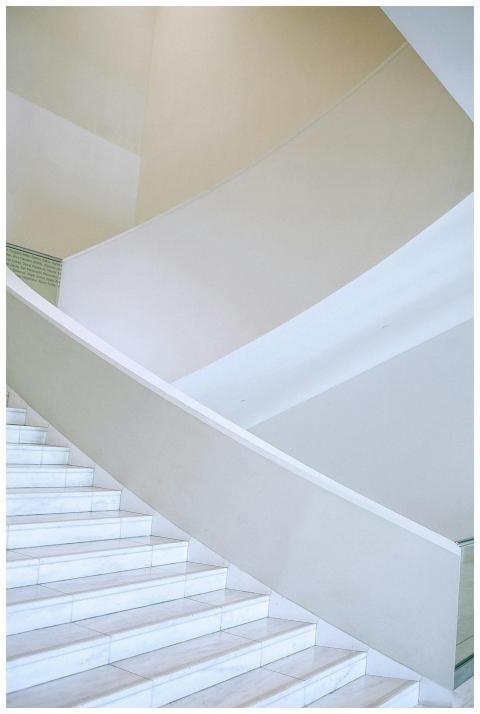 Vast stairway flight of white stone in spacious li