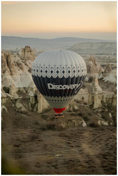 A beautiful hot air balloon floats over Cappadocia