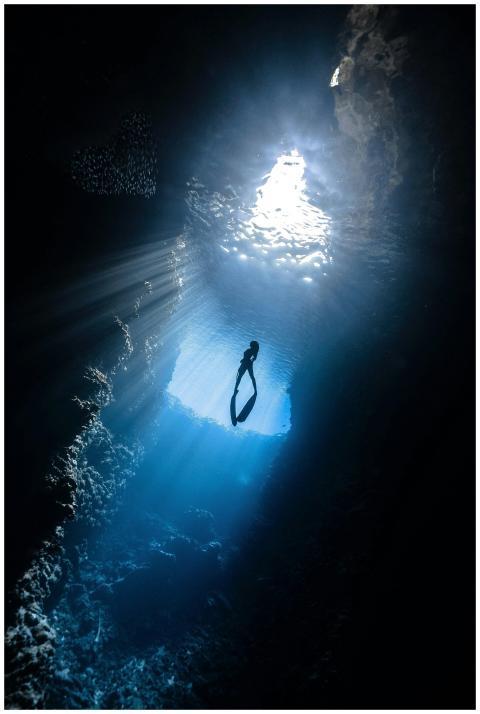 A breathtaking view of a scuba diver silhouetted i
