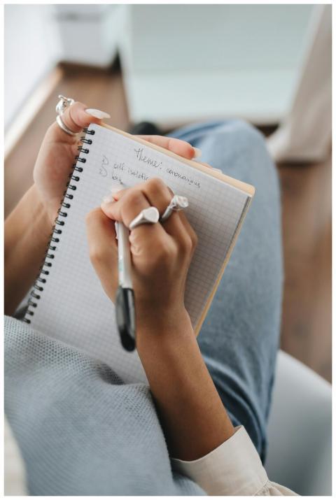 A detailed close-up of a hand with rings writing i