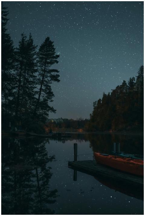 Starry night sky over a tranquil Oregon lake with