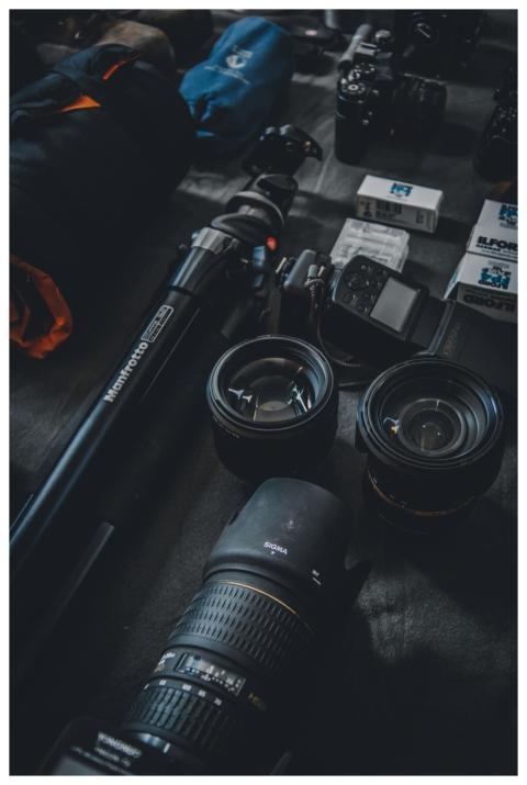 Close-up of a photography setup featuring camera l