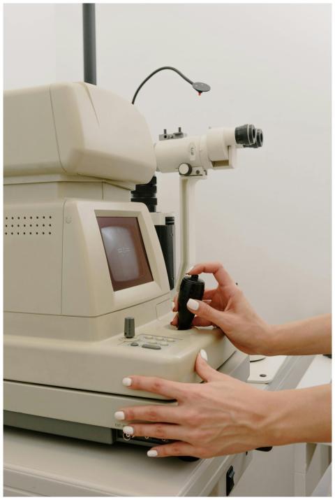 Close-up of hands operating ophthalmology equipmen