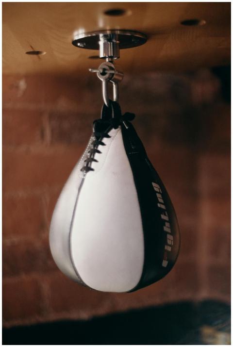 A detailed shot of a black and white punching bag