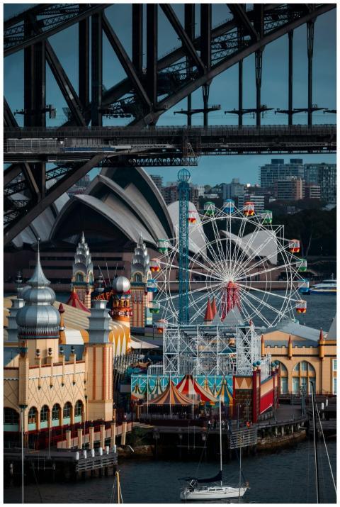 Vibrant view of Luna Park with Sydney Harbour Brid